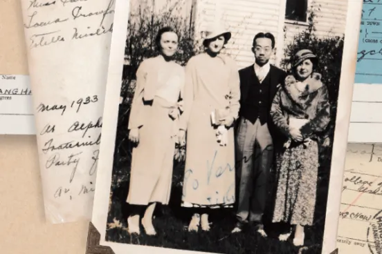 Benjamin King and Estelle Veronica Mislik Mears in front of the former Alpha Lambda Chinese fraternity