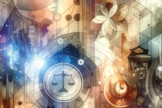 Abstract illustration with geometric designs, law-related symbols, and pillars, featuring the words “Law Quadrangle” and “Michigan Law”.
