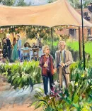 Painting of a couple walking through a garden