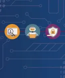 The-Problem-Solving-Linchpin Icons representing the story. This is a lightbulb, a computer screen with a magnifying glass, a robot at a computer, a lock icon, and recycle icon