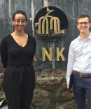  Two people standing in-front of a sign in Ethiopia. Left to right 2Ls Millan Bederu and Robert Shoemaker.