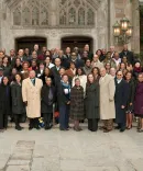 Alumni reunion attendees on the steps of the Reading Room.