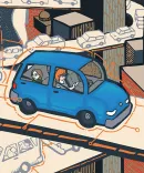 Illustration of a car driving over a highway. The car is blue, and the rest of the scene is muted in color.