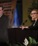 Justice Joan Larsen of the Michigan Supreme Court, an adjunct professor  at Michigan Law and a former clerk for the late Associate Justice of the  U.S. Supreme Court Antonin Scalia, speaks at his memorial service.