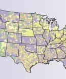 Health Professional Shortage Areas (HPSA)  in primary care exist in geographic areas (green) and among population groups such as low-income people (purple). Tan areas of the map indicate high needs in the geographic region, while yellow is used in areas that are not primary-care HPSAs.