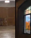 A deer wandering indoors and a broken window.
