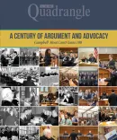 A collage celebrating 100 years of the Campbell Moot Court at Michigan Law, featuring various courtroom scenes and legal advocacy moments.