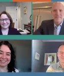 A virtual meeting featuring four Michigan Law alumni A virtual meeting featuring four participants in a grid layout, each in different home office settings.