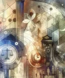 Abstract illustration with geometric designs, law-related symbols, and pillars.